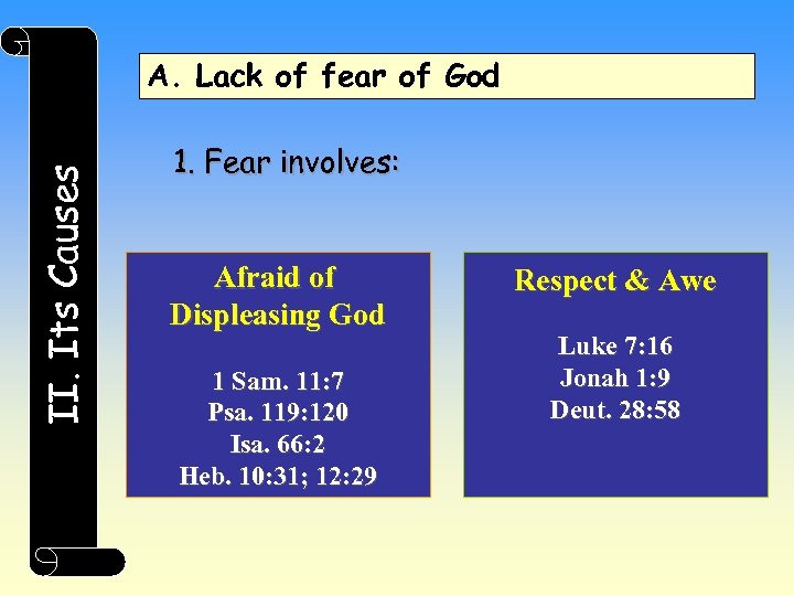 II. Its Causes A. Lack of fear of God 1. Fear involves: Afraid of