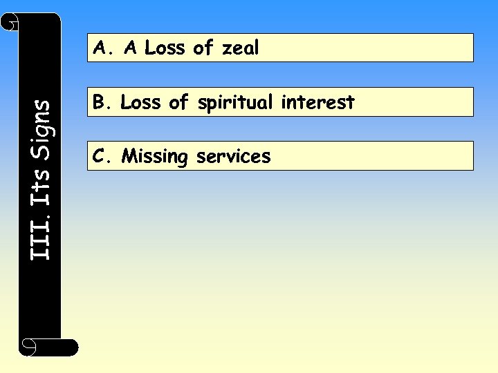 III. Its Signs A. A Loss of zeal B. Loss of spiritual interest C.