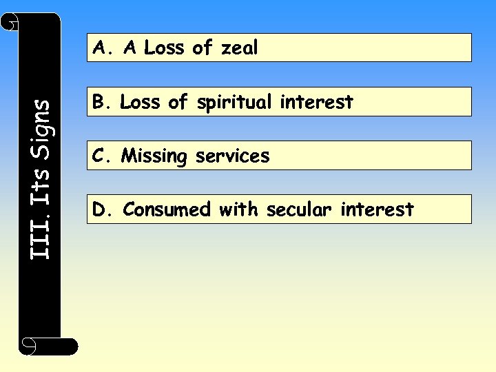 III. Its Signs A. A Loss of zeal B. Loss of spiritual interest C.