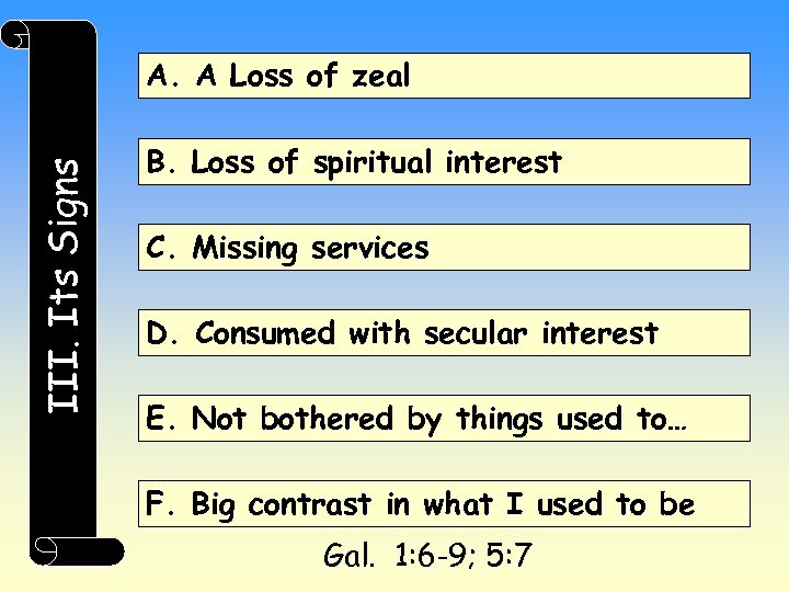 III. Its Signs A. A Loss of zeal B. Loss of spiritual interest C.