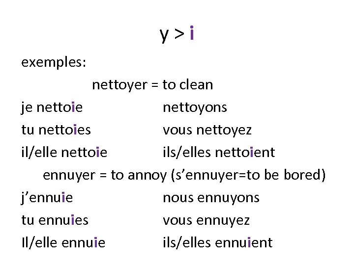 y>i exemples: nettoyer = to clean je nettoie nettoyons tu nettoies vous nettoyez il/elle