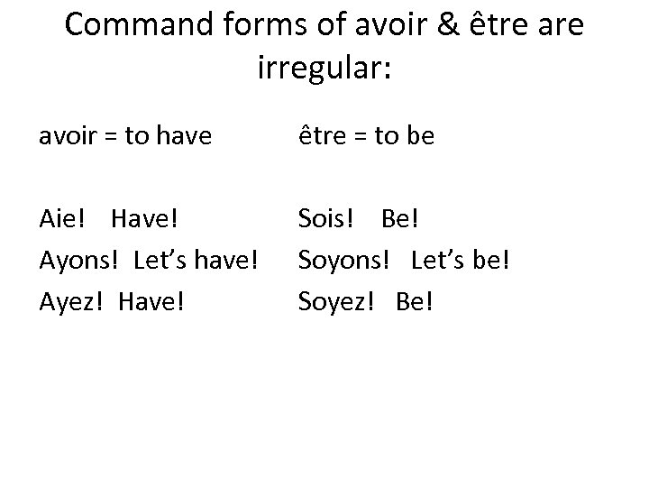 Command forms of avoir & être are irregular: avoir = to have être =