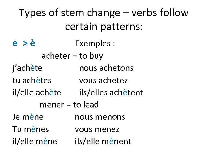 Types of stem change – verbs follow certain patterns: e >è Exemples : acheter