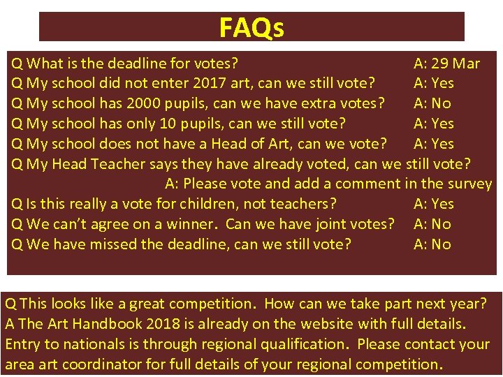 FAQs Q What is the deadline for votes? A: 29 Mar Q My school