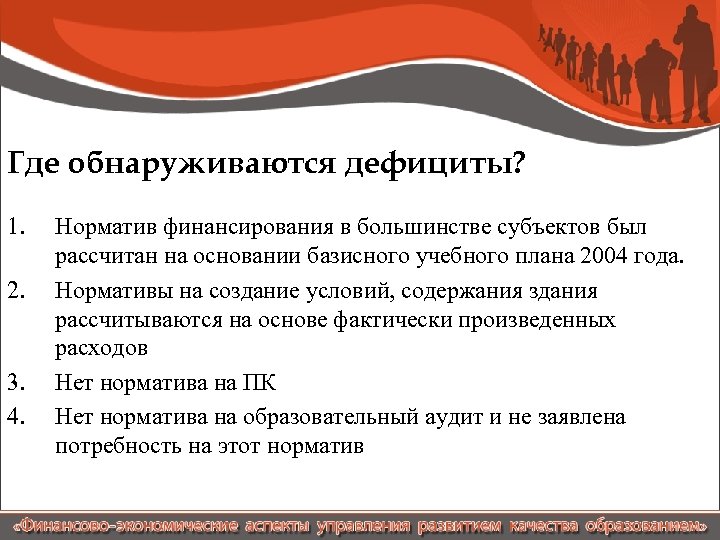 Где обнаруживаются дефициты? 1. 2. 3. 4. Норматив финансирования в большинстве субъектов был рассчитан