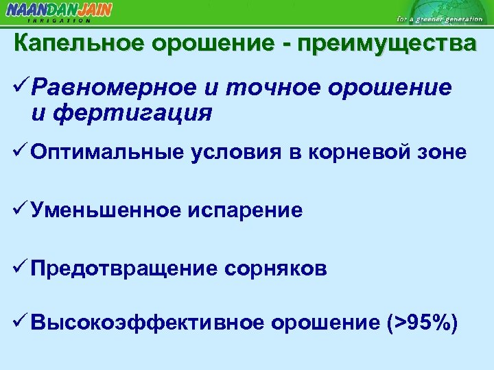 Капельное орошение - преимущества üРавномерное и точное орошение и фертигация ü Оптимальные условия в