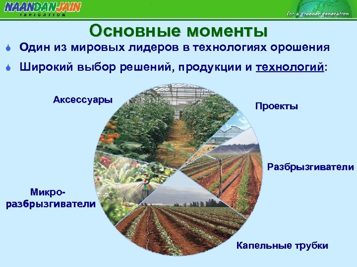 Основные моменты S Один из мировых лидеров в технологиях орошения S Широкий выбор решений,