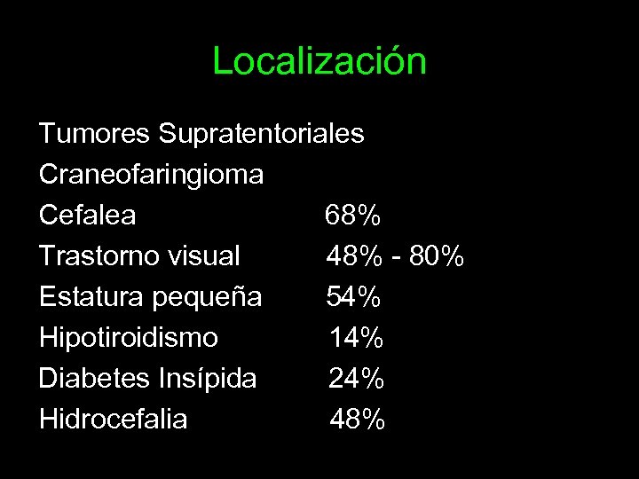 Localización Tumores Supratentoriales Craneofaringioma Cefalea 68% Trastorno visual 48% - 80% Estatura pequeña 54%