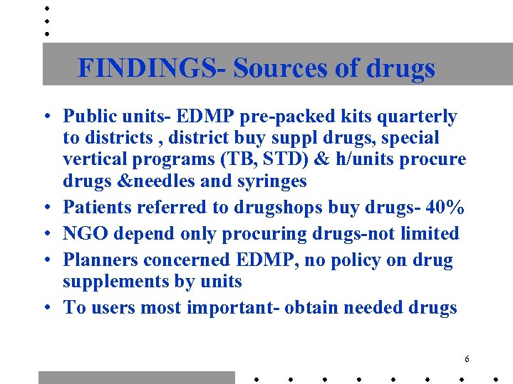 FINDINGS- Sources of drugs • Public units- EDMP pre-packed kits quarterly to districts ,