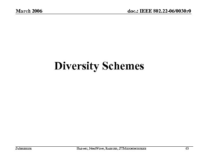 March 2006 doc. : IEEE 802. 22 -06/0030 r 0 Diversity Schemes Submission Huawei,