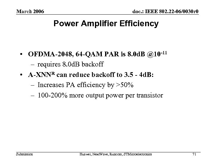 March 2006 doc. : IEEE 802. 22 -06/0030 r 0 Power Amplifier Efficiency •
