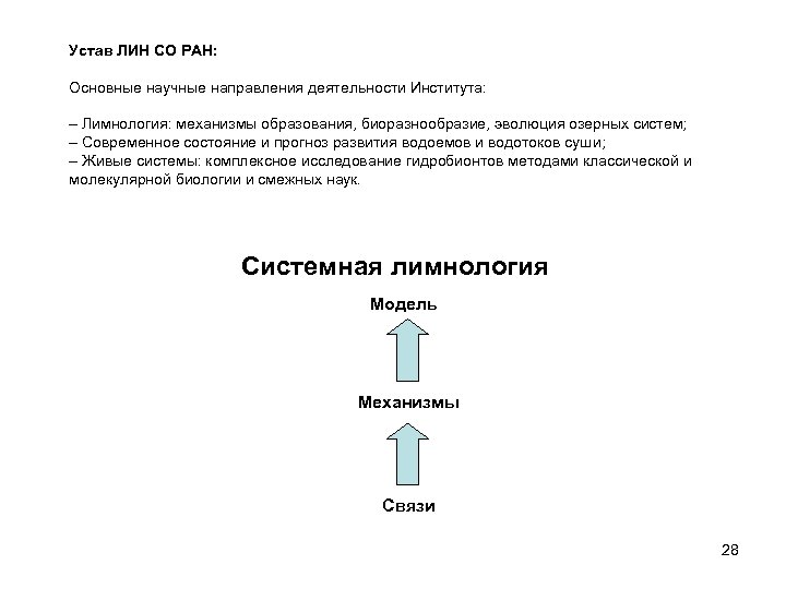 Устав ЛИН СО РАН: Основные научные направления деятельности Института: – Лимнология: механизмы образования, биоразнообразие,
