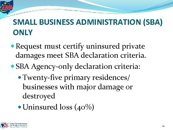 SMALL BUSINESS ADMINISTRATION (SBA) ONLY Request must certify uninsured private damages meet SBA declaration