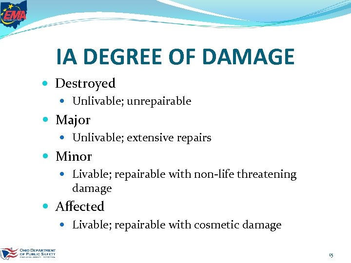 IA DEGREE OF DAMAGE Destroyed Unlivable; unrepairable Major Unlivable; extensive repairs Minor Livable; repairable