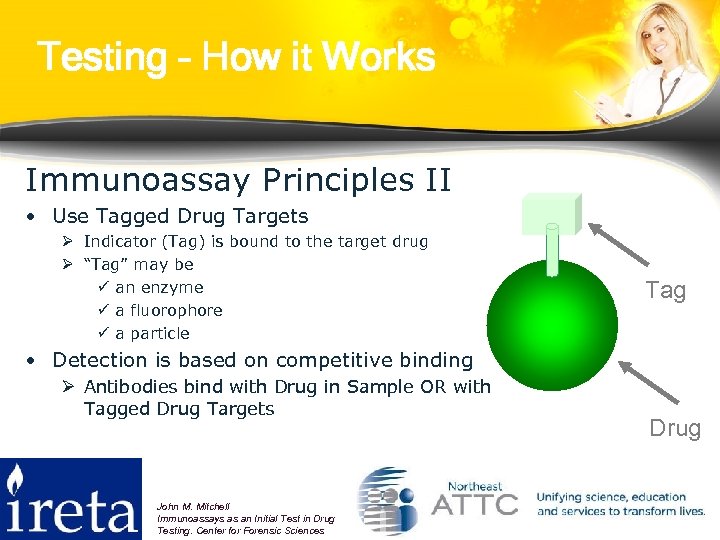 Testing – How it Works Immunoassay Principles II • Use Tagged Drug Targets Ø