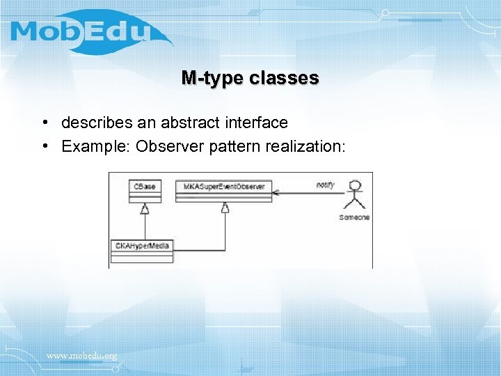 M-type classes • describes an abstract interface • Example: Observer pattern realization: www. mobedu.