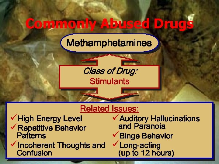 Commonly Abused Drugs Methamphetamines Class of Drug: Stimulants Related Issues: üHigh Energy Level üRepetitive