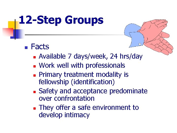 12 -Step Groups n Facts n n n Available 7 days/week, 24 hrs/day Work