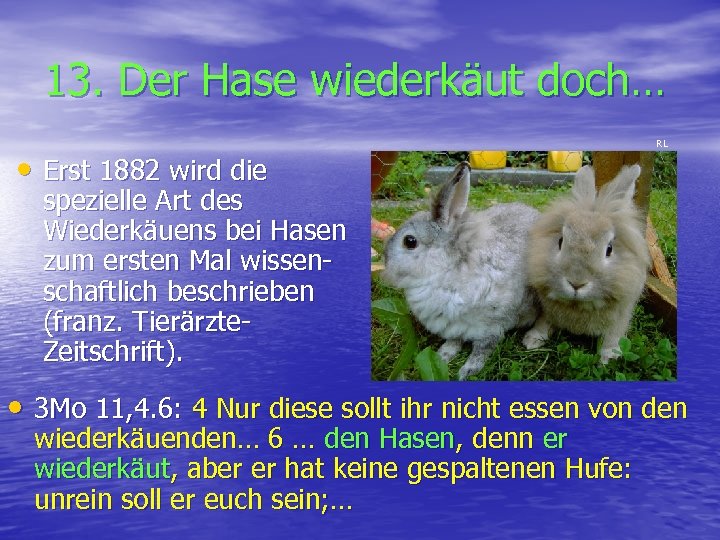 13. Der Hase wiederkäut doch… • Erst 1882 wird die RL spezielle Art des