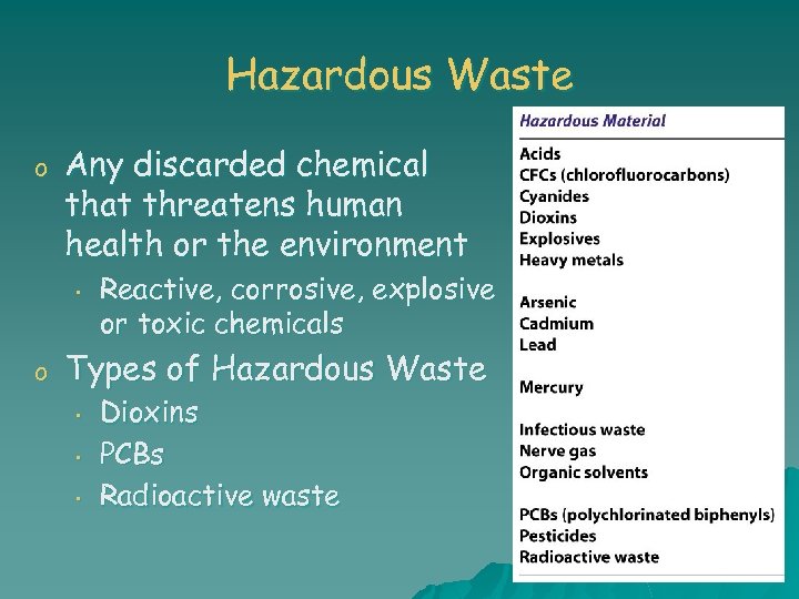 Hazardous Waste o Any discarded chemical that threatens human health or the environment •