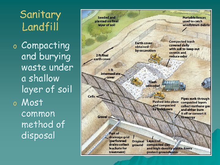 Sanitary Landfill o o Compacting and burying waste under a shallow layer of soil