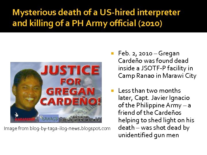 Mysterious death of a US-hired interpreter and killing of a PH Army official (2010)
