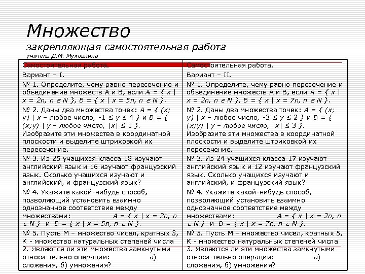 Множество закрепляющая самостоятельная работа учитель Д. М. Муковнина Самостоятельная работа. Вариант – I. №