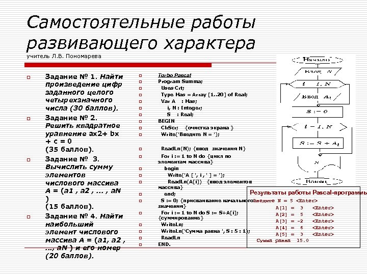 Самостоятельные работы развивающего характера учитель Л. В. Пономарева o o Задание № 1. Найти