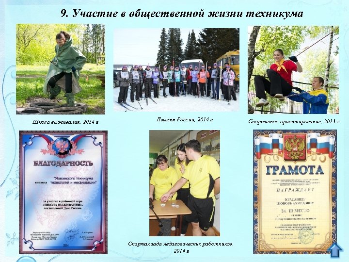 9. Участие в общественной жизни техникума Школа выживания, 2014 г Лыжня России, 2014 г
