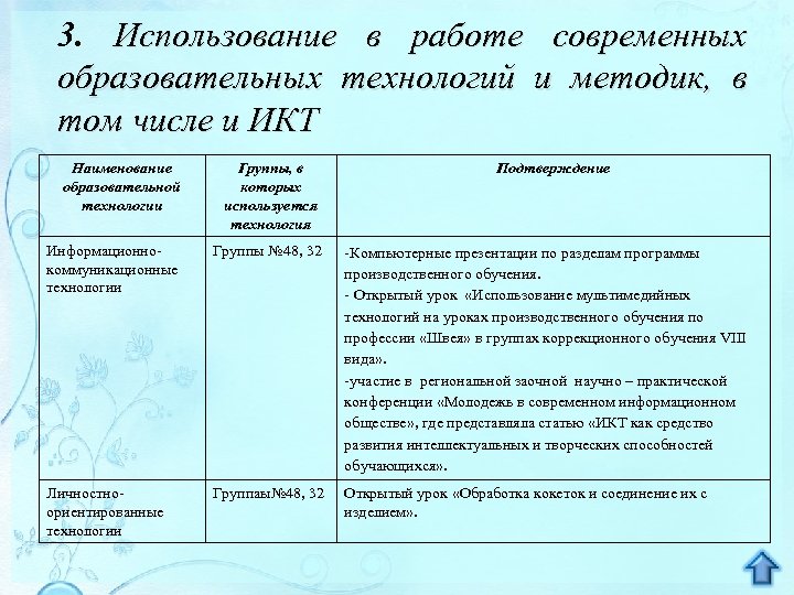 3. Использование в работе современных образовательных технологий и методик, в том числе и ИКТ