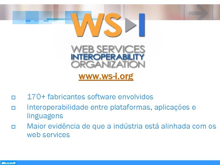 www. ws-i. org o o o 170+ fabricantes software envolvidos Interoperabilidade entre plataformas, aplicações