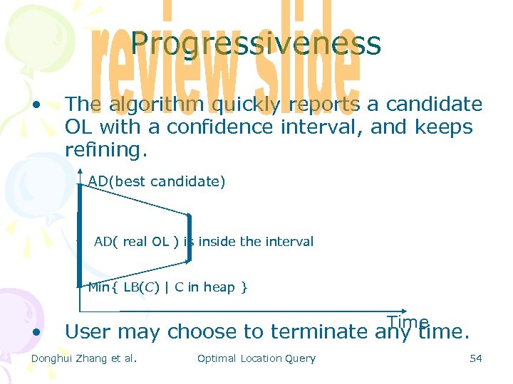 Progressiveness • The algorithm quickly reports a candidate OL with a confidence interval, and