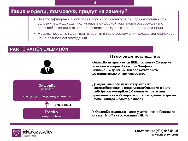 14 Какие модели, возможно, придут на замену? • Вместо офшорных «копилок» могут использоваться оншорные