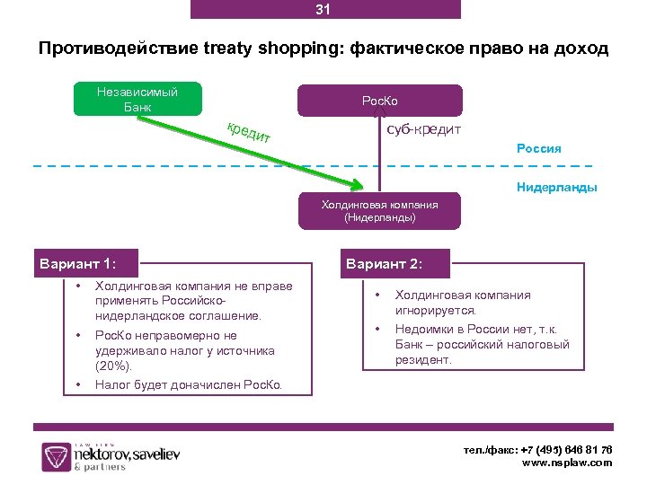 31 Противодействие treaty shopping: фактическое право на доход Независимый Банк Рос. Ко кред суб-кредит