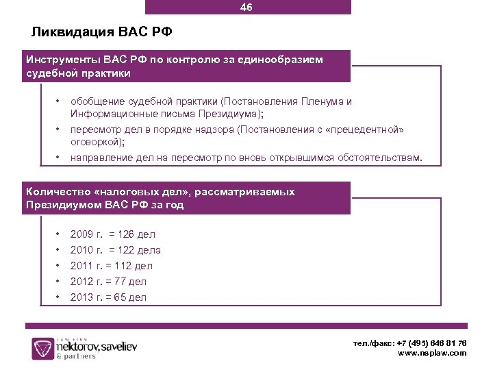 46 Ликвидация ВАС РФ Инструменты ВАС РФ по контролю за единообразием судебной практики •