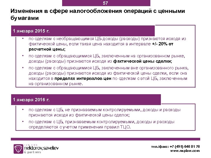 57 Изменения в сфере налогообложения операций с ценными бумагами 1 января 2015 г. •