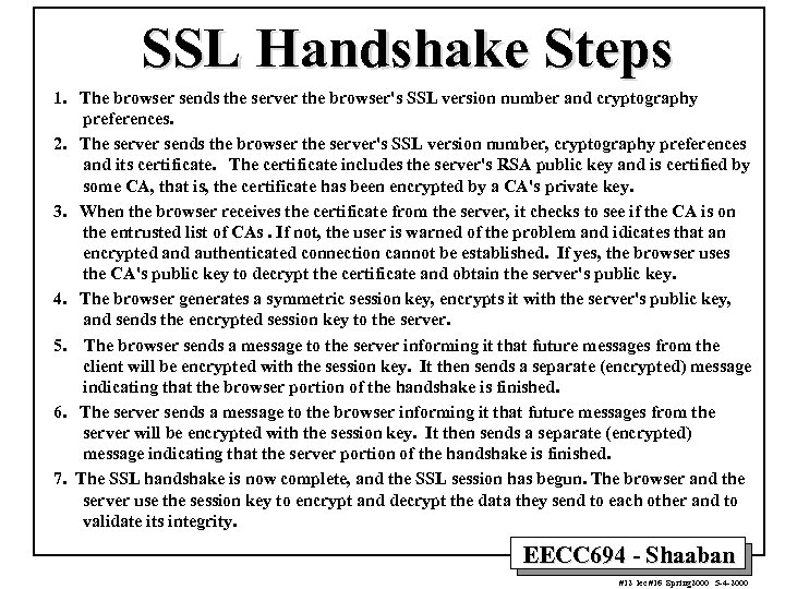 SSL Handshake Steps 1. The browser sends the server the browser's SSL version number