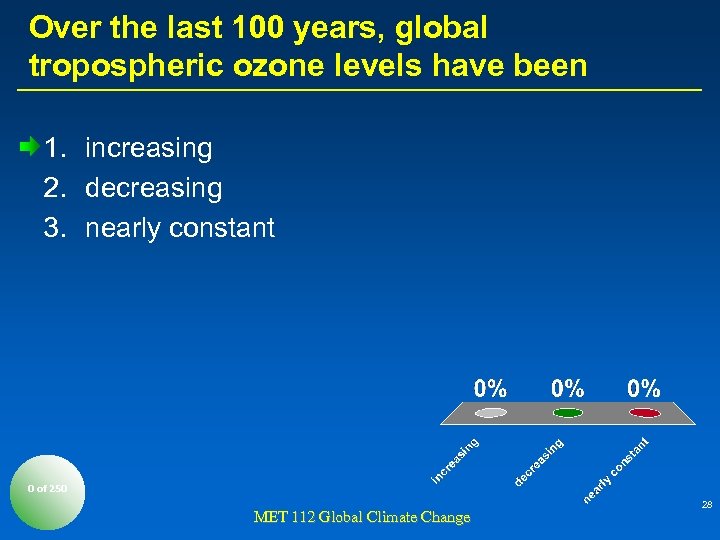 Over the last 100 years, global tropospheric ozone levels have been 1. increasing 2.