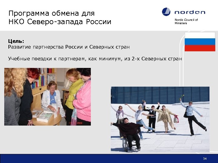Программа обмена для НКО Северо-запада России Nordic Council of Ministers Цель: Развитие партнерства России
