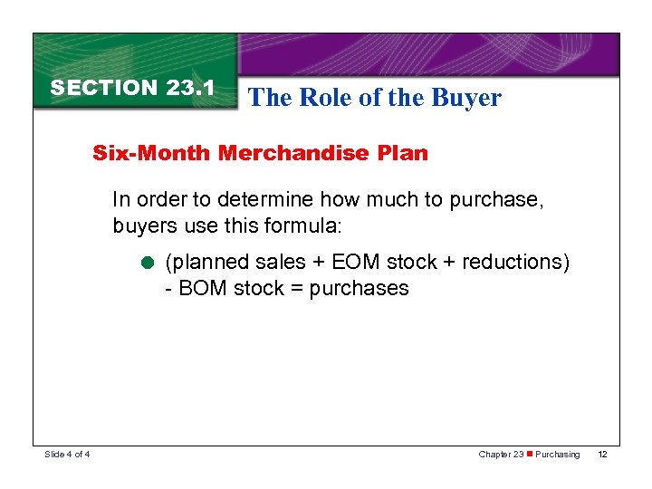 SECTION 23. 1 The Role of the Buyer Six-Month Merchandise Plan In order to