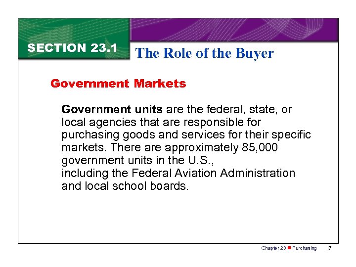 SECTION 23. 1 The Role of the Buyer Government Markets Government units are the