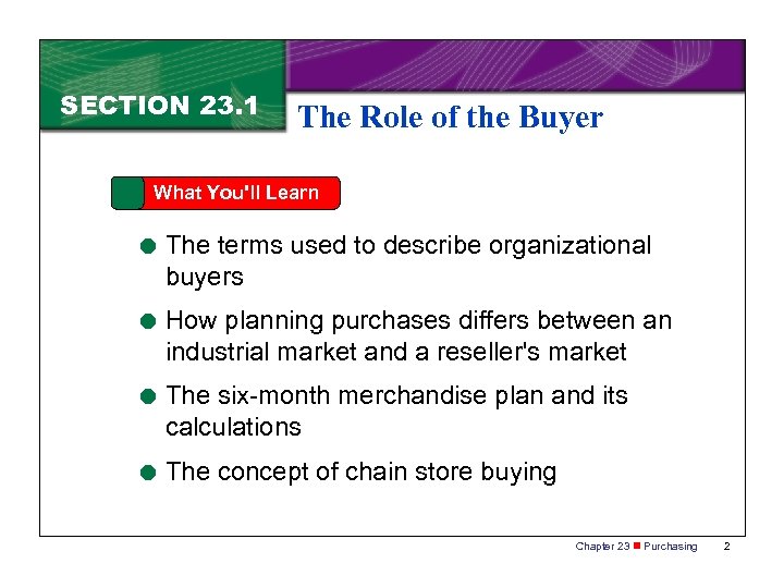 SECTION 23. 1 The Role of the Buyer What You'll Learn = The terms