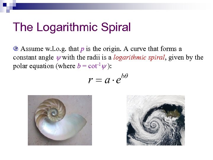 The Logarithmic Spiral Assume w. l. o. g. that p is the origin. A
