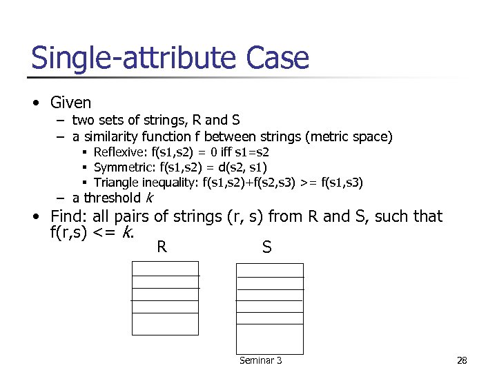 Single-attribute Case • Given – two sets of strings, R and S – a