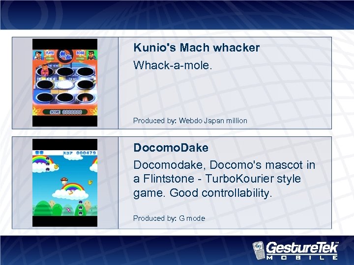 Kunio's Mach whacker Whack-a-mole. Produced by: Webdo Japan million Docomo. Dake Docomodake, Docomo's mascot