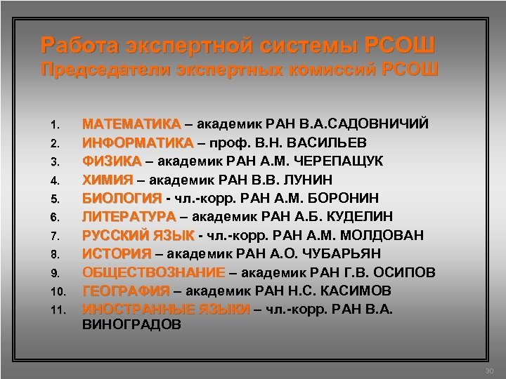 Работа экспертной системы РСОШ Председатели экспертных комиссий РСОШ 1. 2. 3. 4. 5. 6.