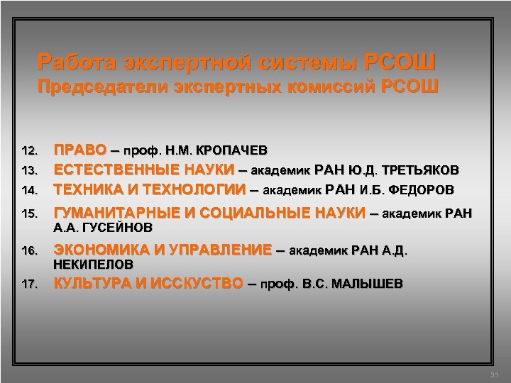 Работа экспертной системы РСОШ Председатели экспертных комиссий РСОШ ПРАВО – проф. Н. М. КРОПАЧЕВ