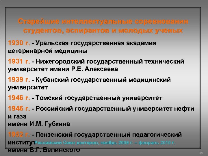 Старейшие интеллектуальные соревнования студентов, аспирантов и молодых ученых 1930 г. - Уральская государственная академия