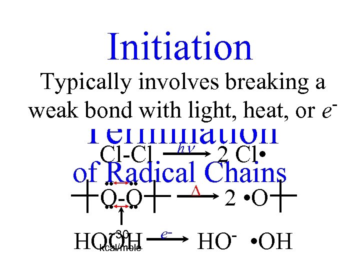 Initiation Typically involves breaking a and weak bond with light, heat, or e Termination
