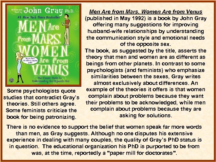 Men Are from Mars, Women Are from Venus (published in May 1992) is a
